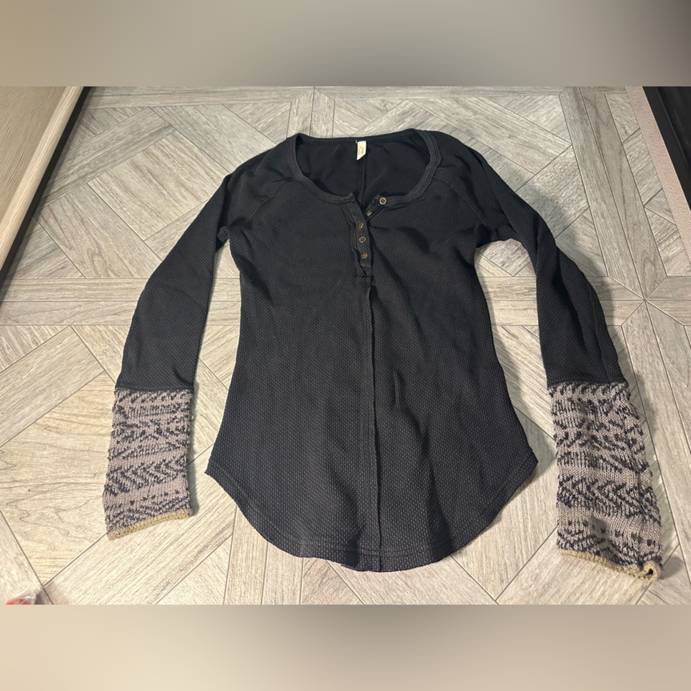 Free People Alpine Cuff Ski Lodge Waffle Knit Henley Thermal top in black
